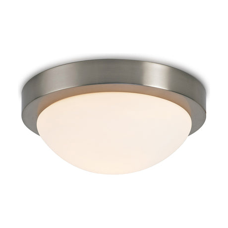 Porter E27 Flush Ceiling Light 25.5cm in satin nickel, featuring a shallow round opal white glass diffuser, single light fitting, shown on a plain white background.
