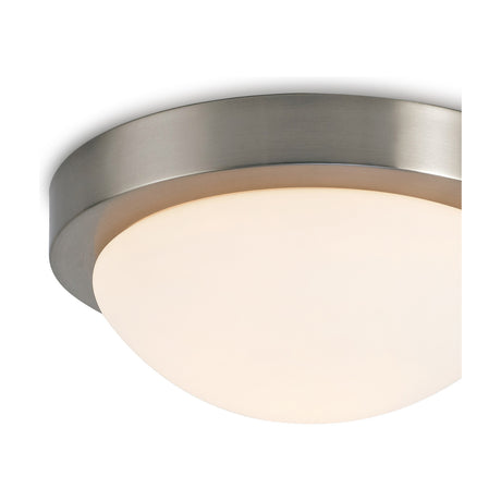 Close-up of the Porter E27 Flush Ceiling Light in satin nickel, 25.5cm, with an opal white glass dome illuminated, shown against a plain white background.