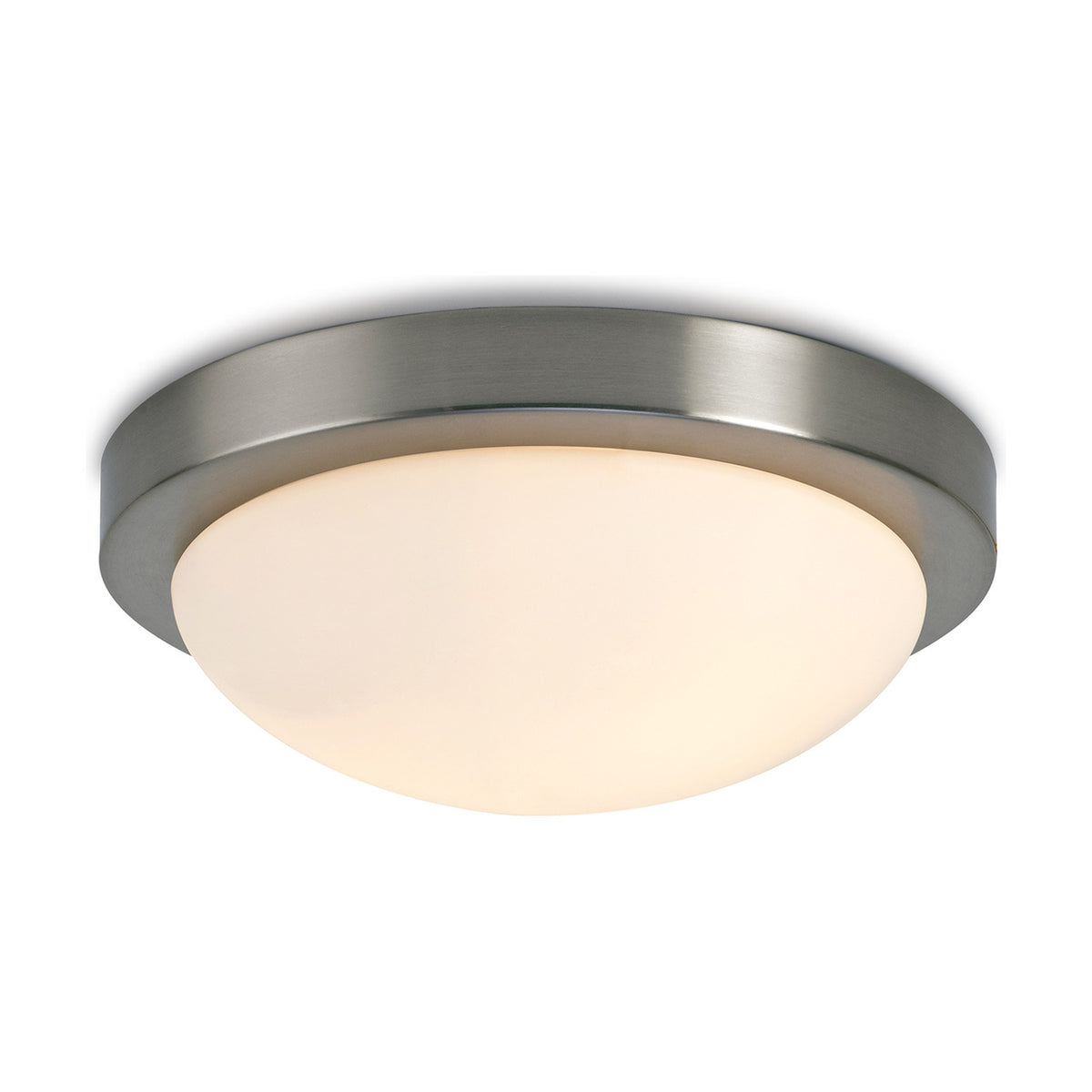 Porter 2 Light E27 Flush Ceiling Light in satin nickel, 32cm, with a shallow opal white glass dome shade, shown on a plain white background.