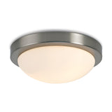 Porter 2 Light E27 Flush Ceiling Light in satin nickel, 32cm, with a shallow opal white glass dome shade, shown on a plain white background.