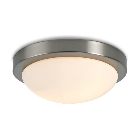 Porter 2 Light E27 Flush Ceiling Light in satin nickel, 32cm, with a shallow opal white glass dome shade, shown on a plain white background.