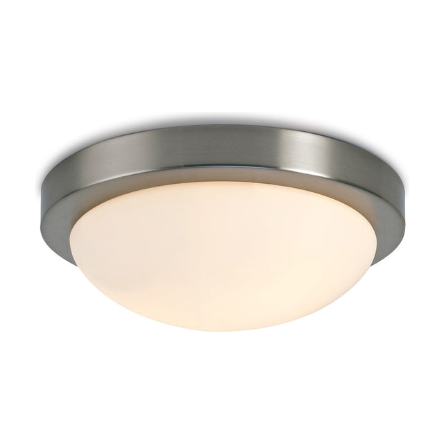 Porter 2 Light E27 Flush Ceiling Light in satin nickel, 32cm, with a shallow opal white glass dome shade, shown on a plain white background.
