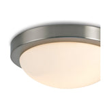 Porter 2 Light E27 Flush Ceiling Light in satin nickel, 32cm, with a shallow opal white glass dome shown close up against a plain white background.
