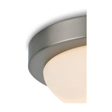 Close-up of the Porter 2 Light E27 Flush Ceiling Light in satin nickel, showing the metal ring edge and opal white glass dome, on a plain white background.