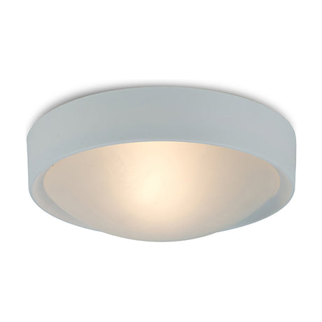 Rondo E27 Flush Ceiling Light 24cm in White, a round fixture with a white iron frame and frosted glass shade glowing softly, shown on a plain white background.