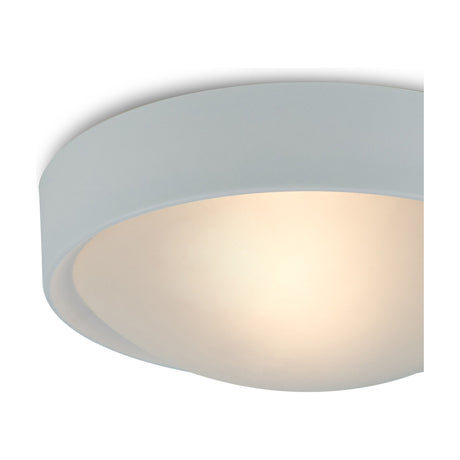 Rondo E27 Flush Ceiling Light 24cm in White, a shallow round fitting with a frosted glass shade emitting a warm glow, shown close-up against a plain background.