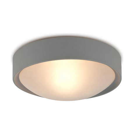 Rondo E27 Flush Ceiling Light 24cm in silver, a round frosted glass diffuser fitting glowing softly against a plain white background.
