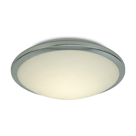 Kochi Flush Ceiling Light 30.2cm in Polished Chrome, a round opal glass disc with chrome trim, integrated LED, shown on a plain white background.