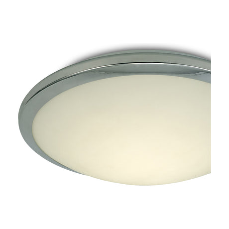 Kochi Flush Ceiling Light 30.2cm in Polished Chrome, a close-up view showing the round opal glass diffuser set within a chrome trim ring, on a plain white background.