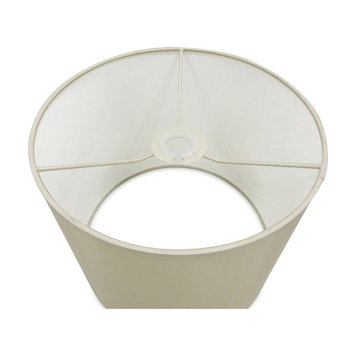 Sigma Cylinder Lamp Shade in ivory pearl faux silk, 30cm diameter, 25cm high, shown from above revealing white laminate lining and support frame on a plain background.