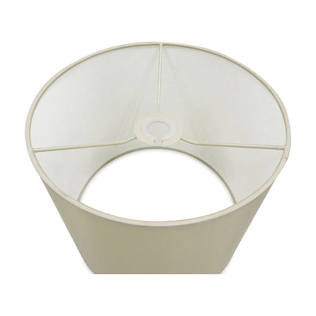 Sigma Cylinder Lamp Shade in ivory pearl faux silk, 30cm diameter, 25cm high, shown from above revealing white laminate lining and support frame on a plain background.