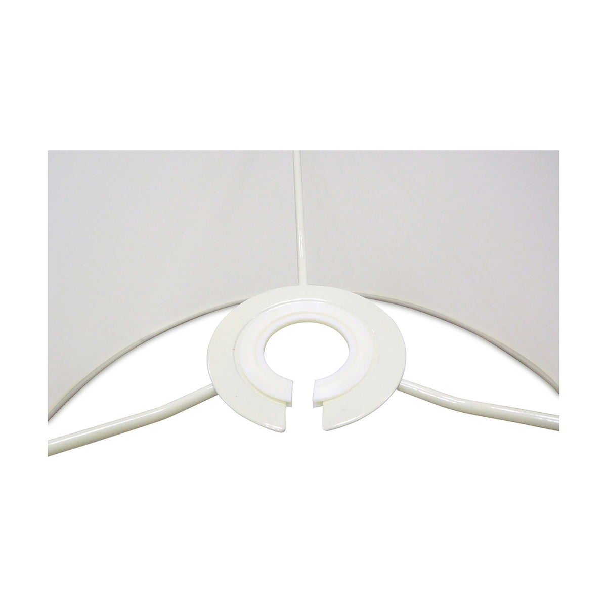 Close-up of the Sigma Cylinder Lamp Shade in ivory pearl faux silk, showing the white metal frame, fitting ring, and support struts against a plain white background.