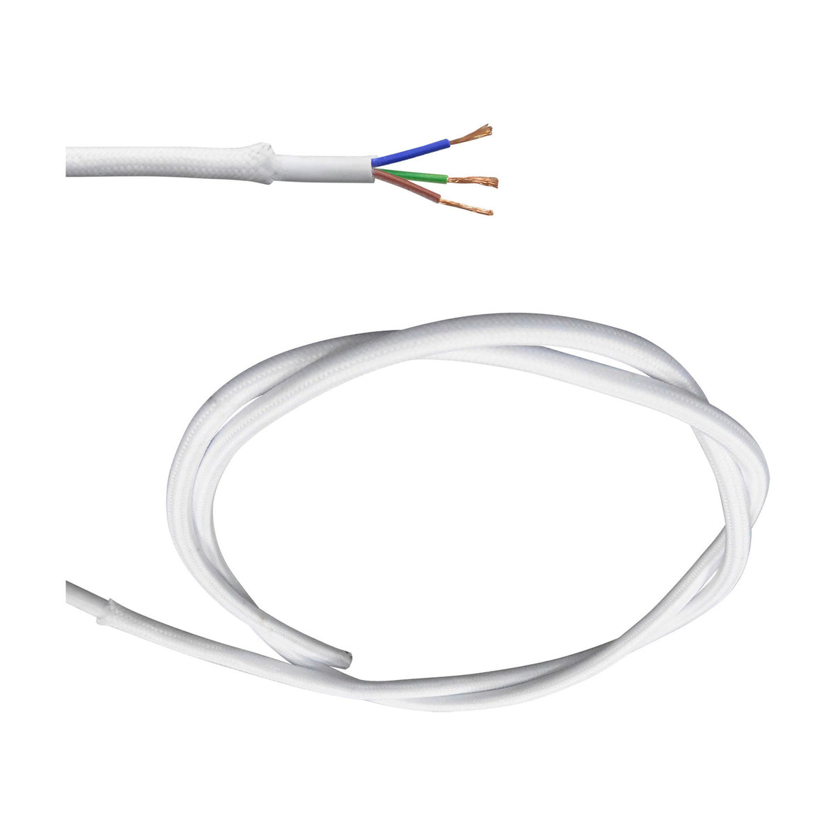 Cavo Braided Copper Cable 3 Core 0.75mm in white, shown coiled with fabric-covered PVC sheath and stripped end revealing blue, green, and brown copper wires against a plain background.
