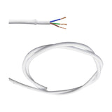 Cavo Braided Copper Cable 3 Core 0.75mm in white, shown coiled with fabric-covered PVC sheath and stripped end revealing blue, green, and brown copper wires against a plain background.