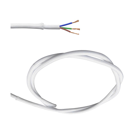 Cavo Braided Copper Cable 3 Core 0.75mm in white, shown coiled with fabric-covered PVC sheath and stripped end revealing blue, green, and brown copper wires against a plain background.