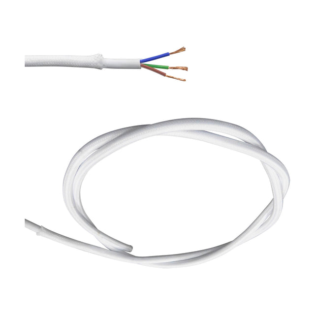 Cavo Braided Copper Cable 3 Core 0.75mm in white, shown coiled with fabric-covered PVC sheath and stripped end revealing blue, green, and brown copper wires against a plain background.