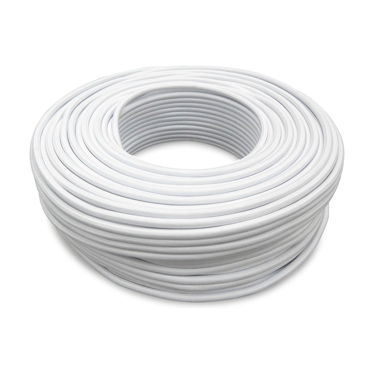 Coiled roll of Cavo braided fabric cable, 3 core 0.75mm copper flex in plain white, shown against a plain white background.