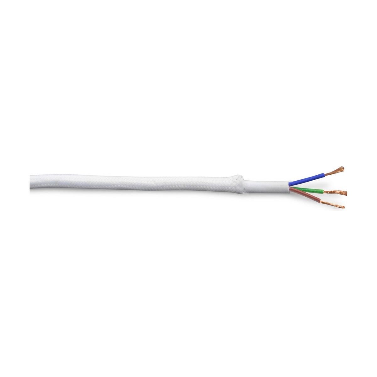 White braided fabric-covered 3 core flex cable with stripped end showing blue, brown, and green/yellow copper wires, 0.75mm, on a plain white background.