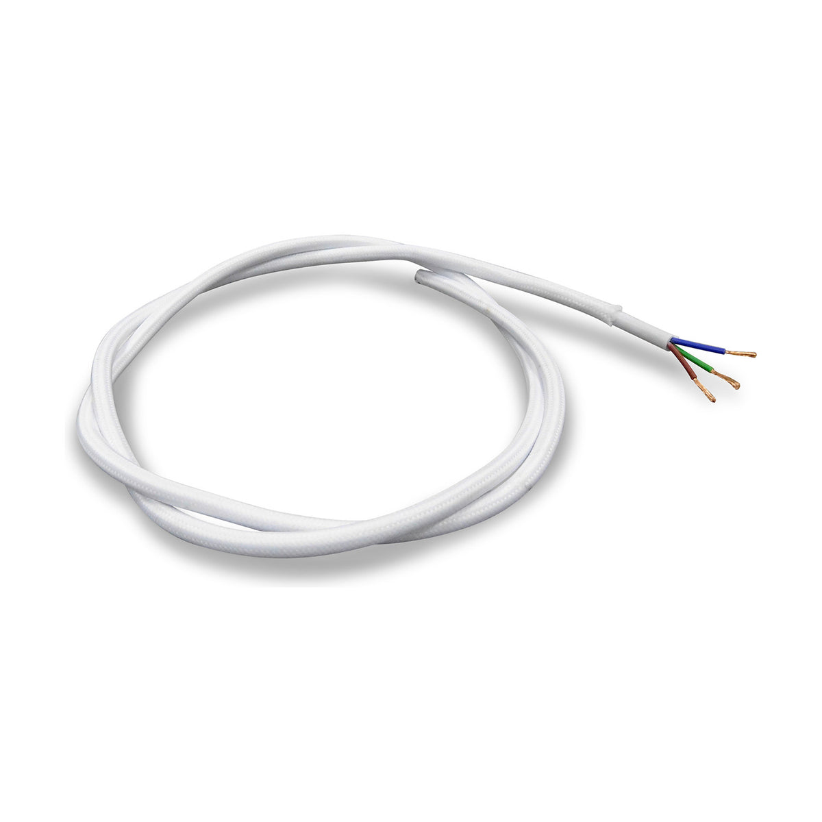 Cavo Braided Copper Cable 3 Core 0.75mm in white fabric-covered flex, coiled loosely with stripped ends exposing red, blue, and green-yellow wires, on a plain white background.