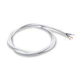 Cavo Braided Copper Cable 3 Core 0.75mm in white fabric-covered flex, coiled loosely with stripped ends exposing red, blue, and green-yellow wires, on a plain white background.