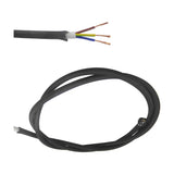 Cavo 3-core 0.75mm black braided copper cable, cord end stripped to show brown, blue, and green-yellow wires, coiled length shown on a white background.