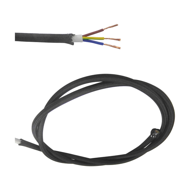 Cavo 3-core 0.75mm black braided copper cable, cord end stripped to show brown, blue, and green-yellow wires, coiled length shown on a white background.