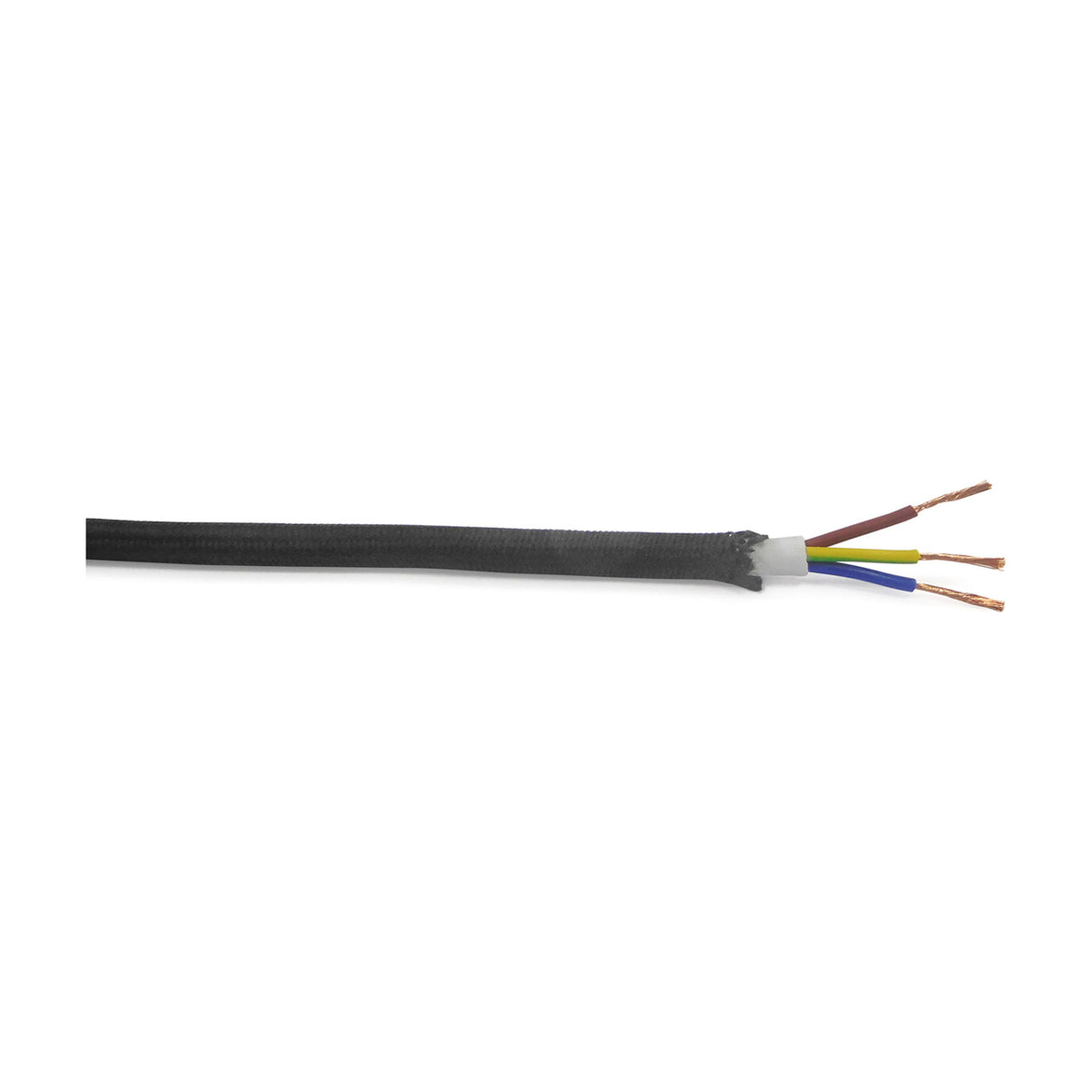 Cavo Braided Copper Cable 3 Core 0.75mm in black, shown as a fabric-covered round flex with the end stripped to reveal brown, blue and yellow-green cores, on a white background.