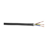 Cavo Braided Copper Cable 3 Core 0.75mm in black, shown as a fabric-covered round flex with the end stripped to reveal brown, blue and yellow-green cores, on a white background.
