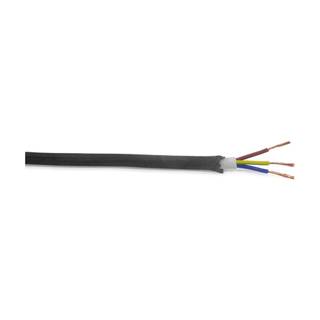 Cavo Braided Copper Cable 3 Core 0.75mm in black, shown as a fabric-covered round flex with the end stripped to reveal brown, blue and yellow-green cores, on a white background.