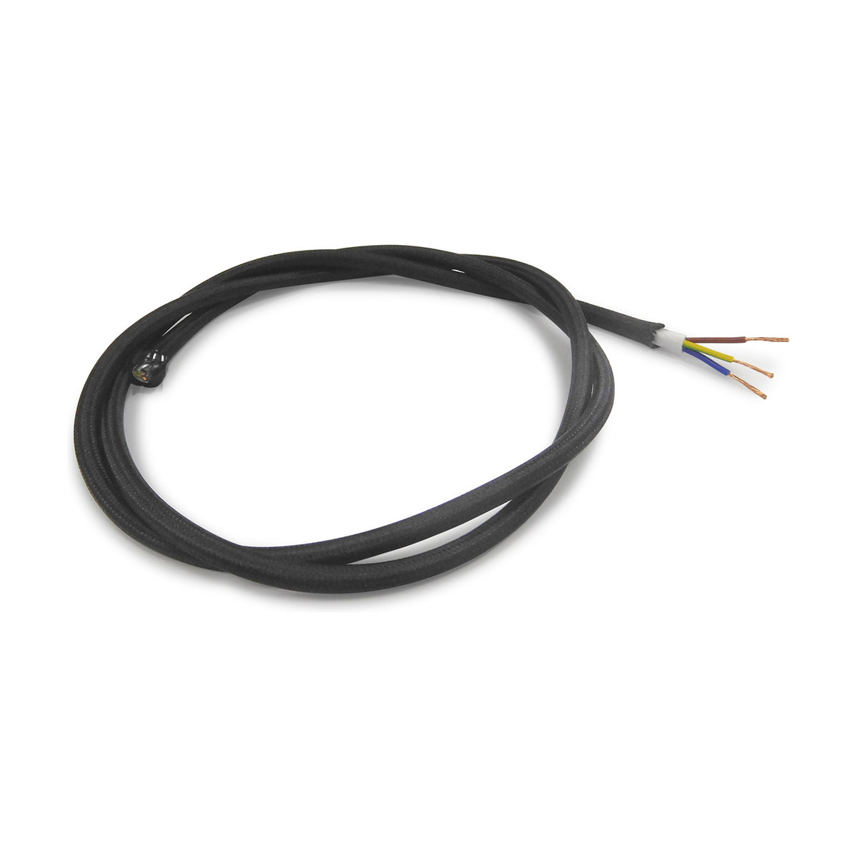 Cavo Braided Copper Cable 3 Core 0.75mm in black, coiled fabric-covered flex with stripped ends showing live, neutral and earth wires, on a plain white background.