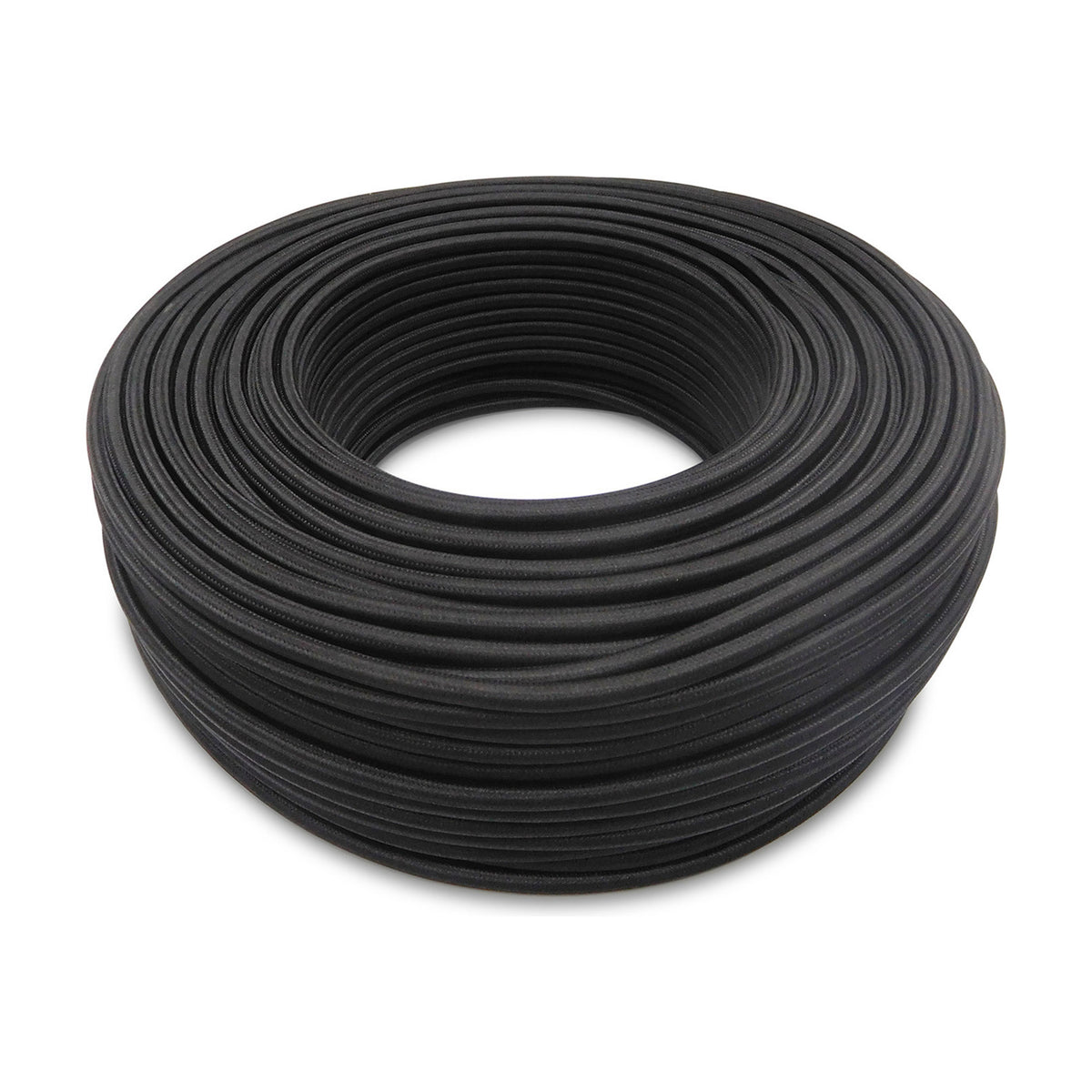 Coiled black braided 3 core 0.75mm copper flex cable, round fabric-covered cord shown as a large loop on a plain white background.