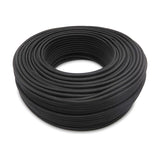 Coiled black braided 3 core 0.75mm copper flex cable, round fabric-covered cord shown as a large loop on a plain white background.