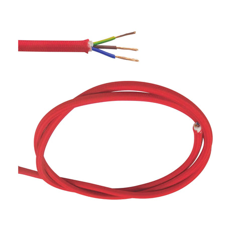 Cavo Cable 6.3mm red braided lighting flex showing coiled length and stripped end with brown, blue, and earth cores, on a white background.