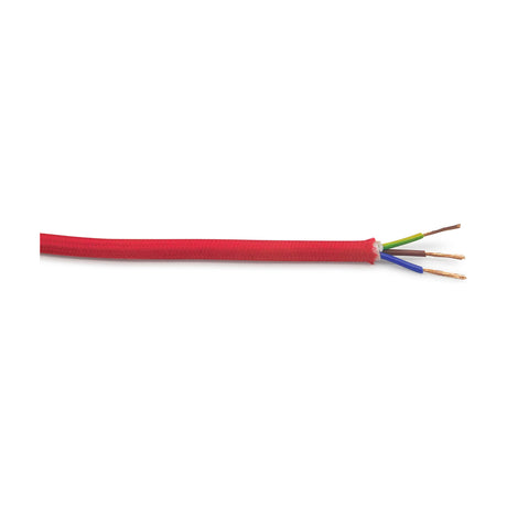 Cavo Cable red braided flex, 6.3mm diameter, showing three exposed copper cores (live, neutral, earth) at the cut end, on a plain white background.
