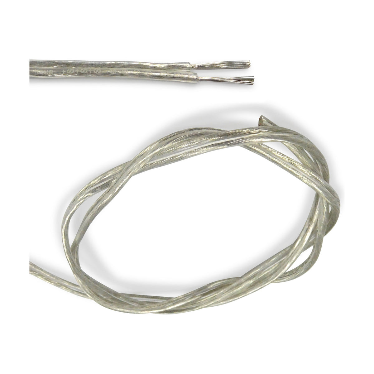 Cavo Flat Copper Cable 2 Core 1.0mm in clear PVC sheath, shown coiled with stripped twin-core ends exposed, on a plain white background.