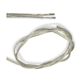Cavo Flat Copper Cable 2 Core 1.0mm in clear PVC sheath, shown coiled with stripped twin-core ends exposed, on a plain white background.