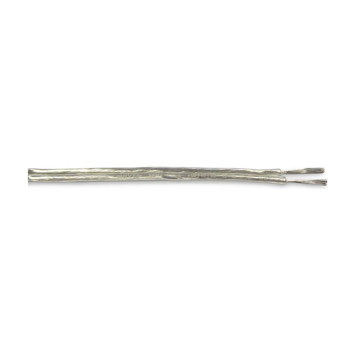Cavo Flat Copper Cable 2 Core 1.0mm in clear PVC sheath, showing exposed twin copper wire ends on a plain white background.