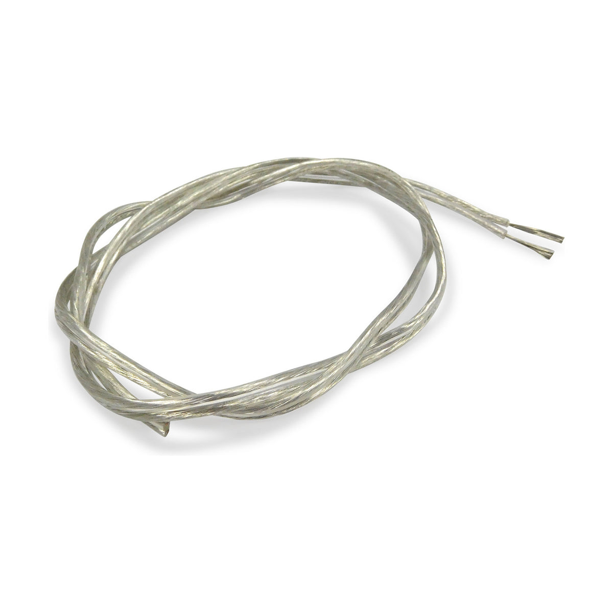 Cavo Flat Copper Cable 2 Core 1.0mm in clear PVC sheath, coiled with stripped bare wire ends visible, shown on a plain white background.