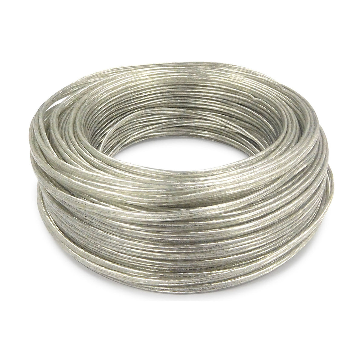 Coiled Cavo flat copper cable, 2 core 1.0mm, clear PVC sheath, shown as a bundled loop on a plain white background.