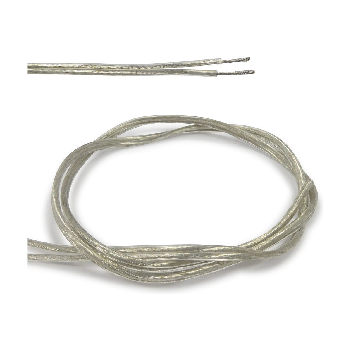 Cavo Flat Copper Cable 2 Core 1.5mm in clear PVC sheath, shown coiled with a close-up of stripped conductor ends against a white background.
