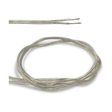 Cavo Flat Copper Cable 2 Core 1.5mm in clear PVC sheath, shown coiled with a close-up of stripped conductor ends against a white background.