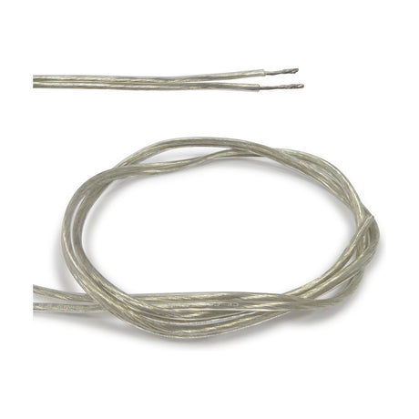 Cavo Flat Copper Cable 2 Core 1.5mm in clear PVC sheath, shown coiled with a close-up of stripped conductor ends against a white background.