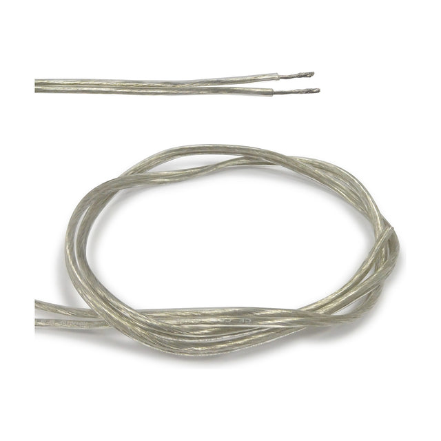 Cavo Flat Copper Cable 2 Core 1.5mm in clear PVC sheath, shown coiled with a close-up of stripped conductor ends against a white background.