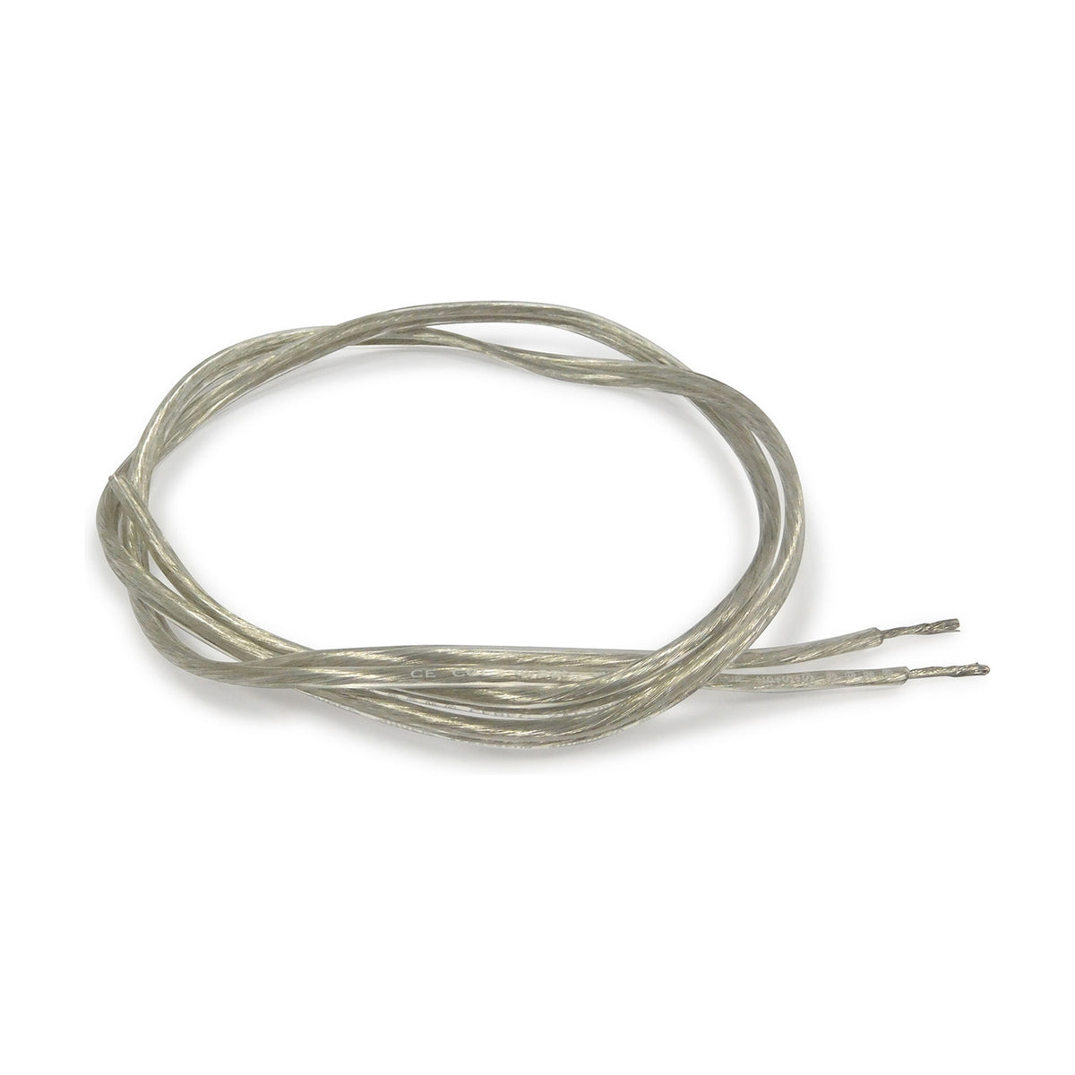 Cavo Flat Copper Cable 2 Core 1.5mm in clear PVC sheath, coiled with bare stripped ends visible, shown on a plain white background.