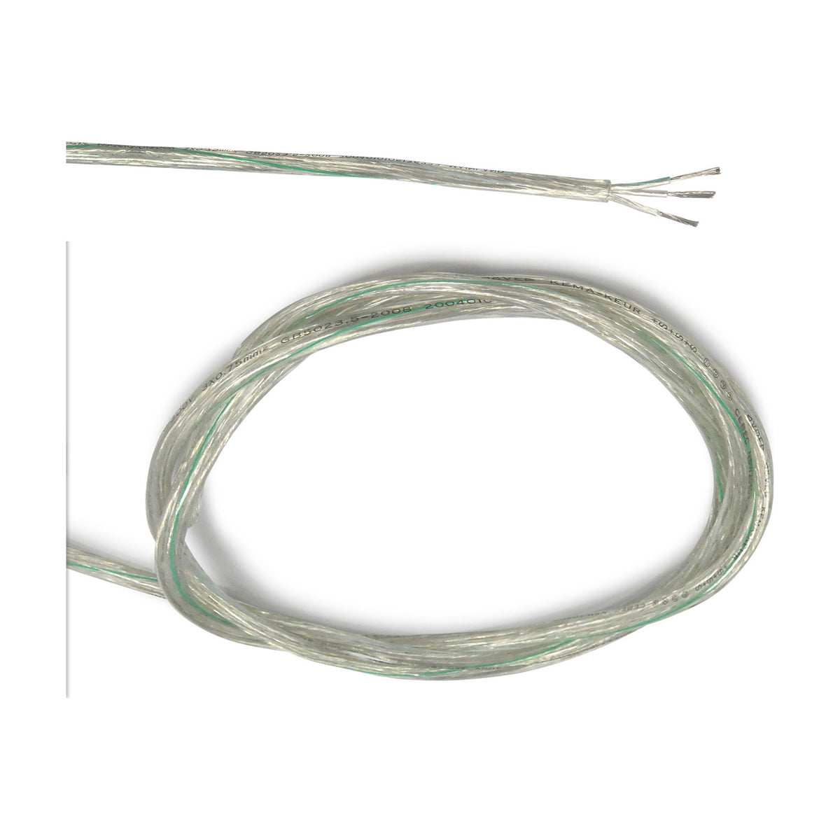Cavo Copper Cable 3 Core 0.5mm in clear PVC, showing stripped tinned copper wires and a coiled length on a plain white background.