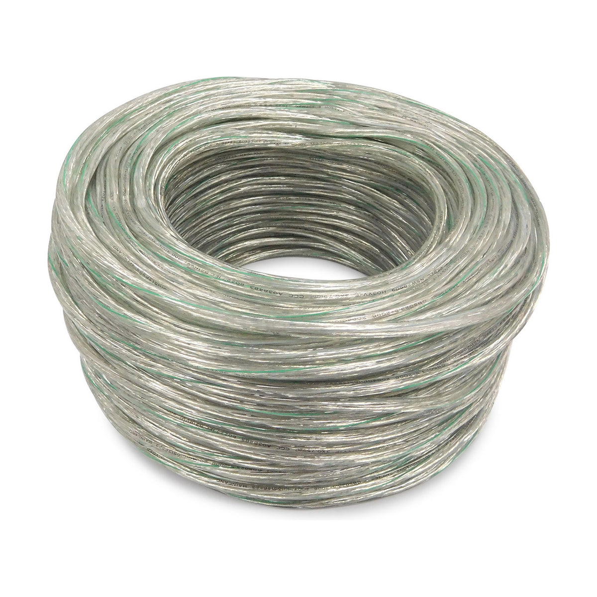 Cavo 3-core 0.5mm copper cable coiled in a large loop, showing slim clear PVC sheath with visible copper strands, on a plain white background.