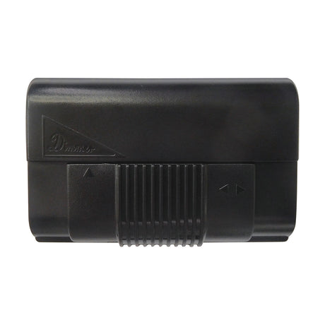Elements 300W inline dimmer in black plastic, compact rectangular casing with slide and rocker controls, ribbed grip section, shown on a plain white background.