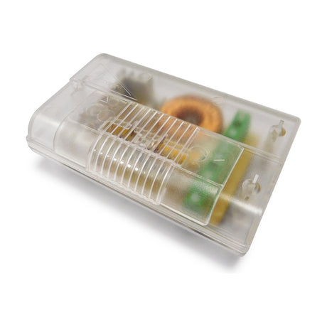 Elements 300W Inline Dimmer, clear plastic casing with visible internal wiring and components, low slim rectangular body, shown on a white background.