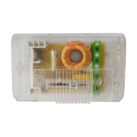Elements 300W Inline Dimmer, clear plastic casing showing internal circuit board with orange toroidal coil and green terminal block, on a white background.