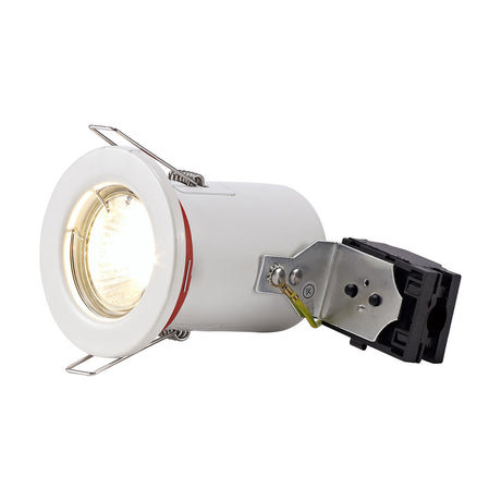 Agni Downlight in white, round fixed fixture with 68mm cut-out, GU10 bulb fitted, spring clips and mounting bracket with wiring visible, on a plain white background.